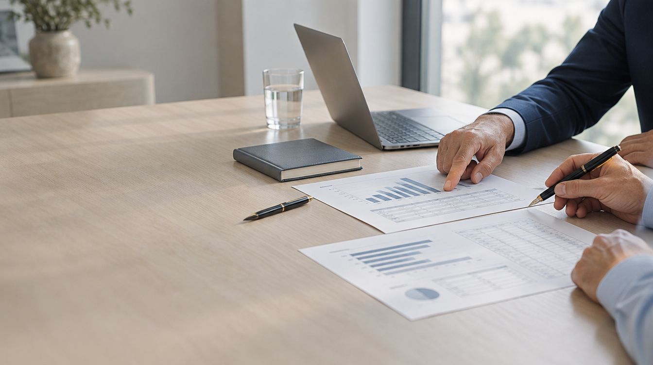 Mesa de trabajo con un plan financiero impreso durante una sesión de planificación